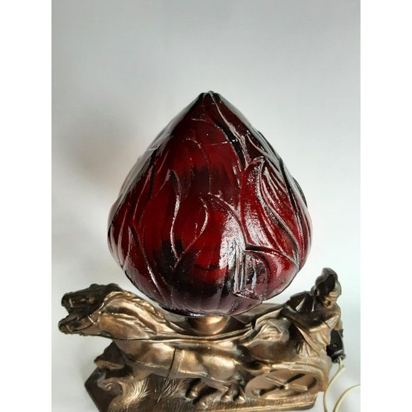 RARE Vtg Roman Gladiator Chariot Lamp Brown Patina Cast Iron Red Shade chip - Picture 4 of 12